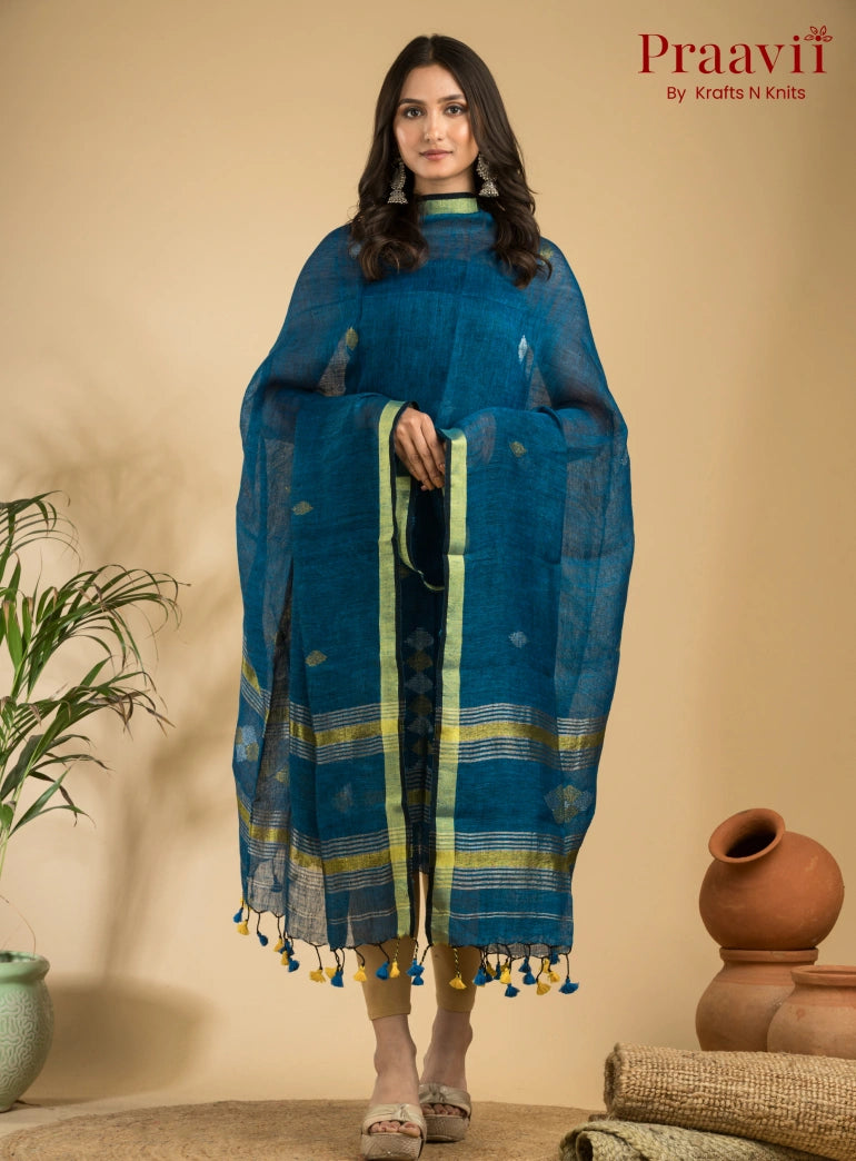 Blue Handloom Jamdani Linen 2- Piece Suit Set