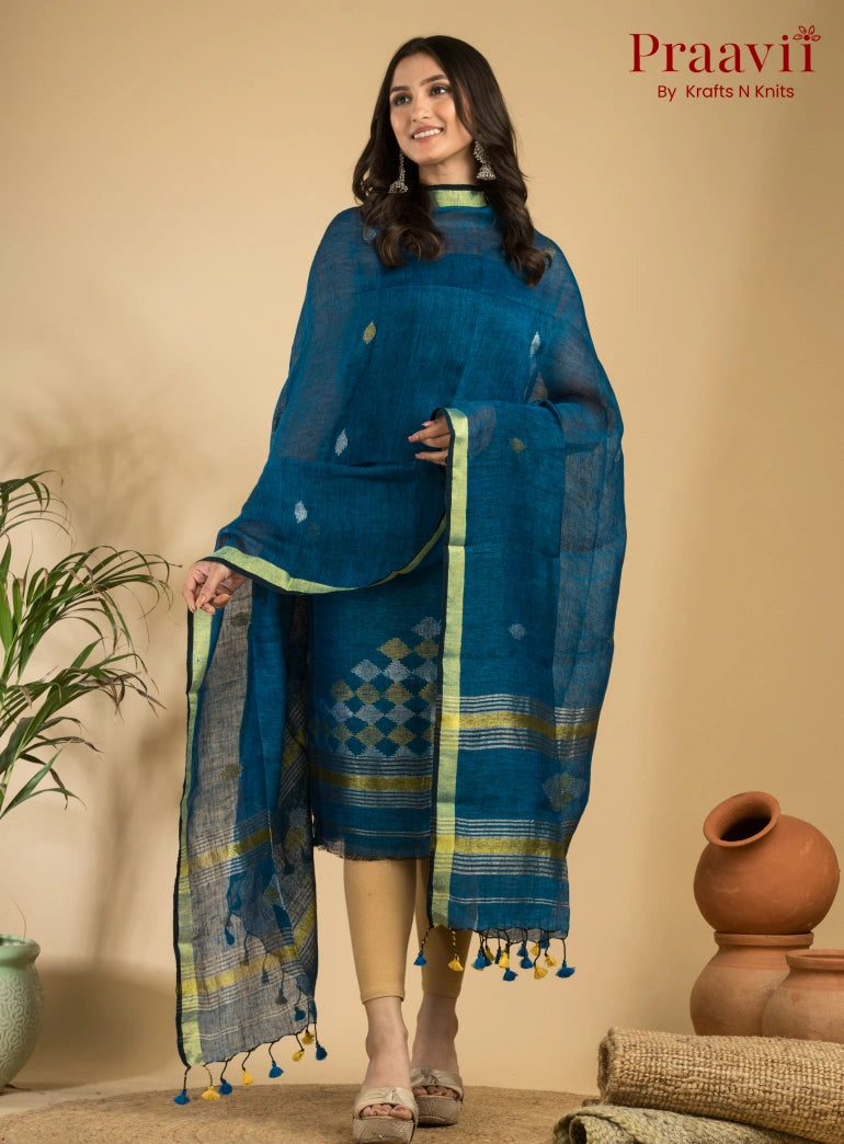 Blue Handloom Jamdani Linen 2- Piece Suit Set