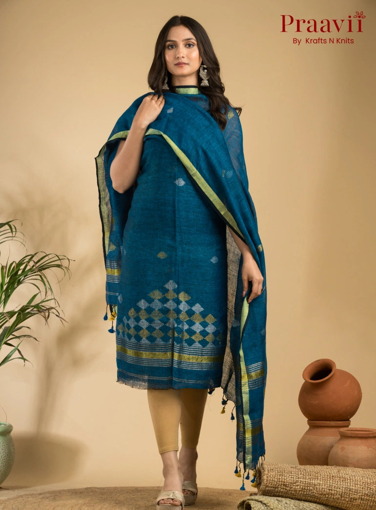 Blue Handloom Jamdani Linen 2- Piece Suit Set