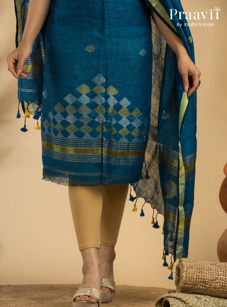 Blue Handloom Jamdani Linen 2- Piece Suit Set