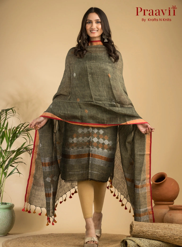 Olive Grey Handloom Jamdani Linen 2- Piece Suit Set