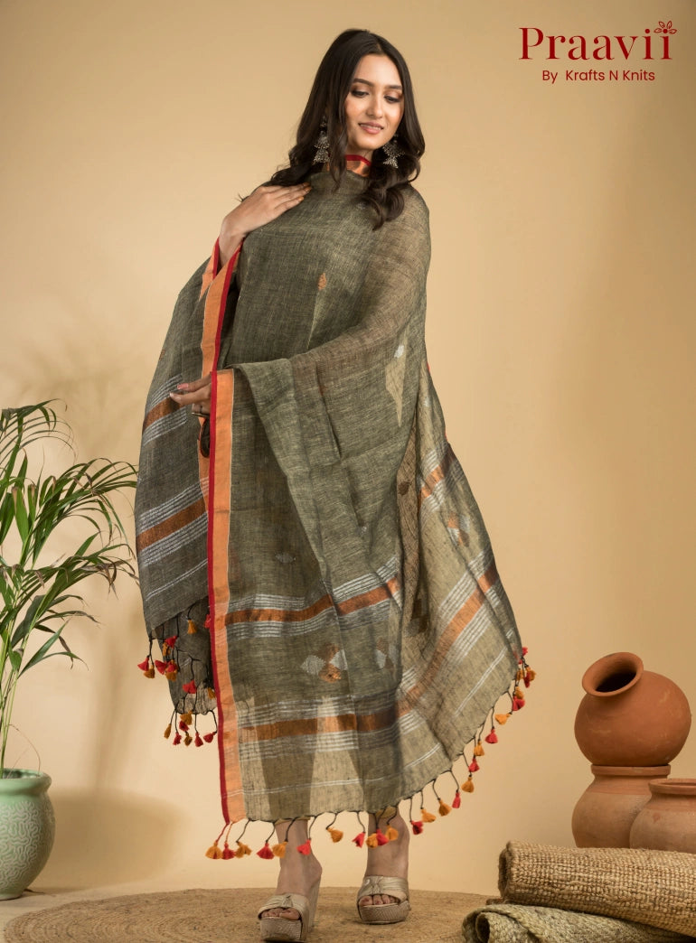 Olive Grey Handloom Jamdani Linen 2- Piece Suit Set