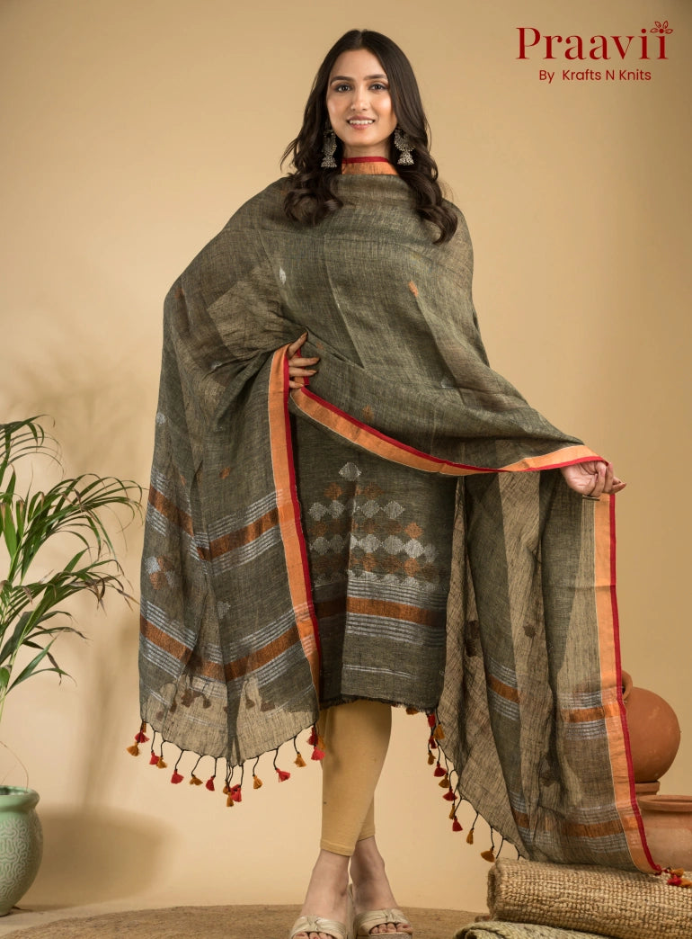 Olive Grey Handloom Jamdani Linen 2- Piece Suit Set