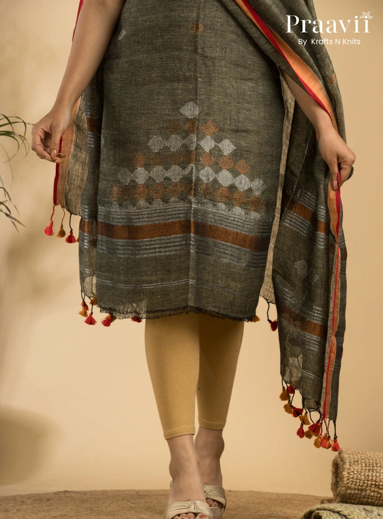 Olive Grey Handloom Jamdani Linen 2- Piece Suit Set