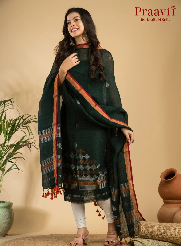 Dark Pine Green Handloom Jamdani Linen 2- Piece Suit Set
