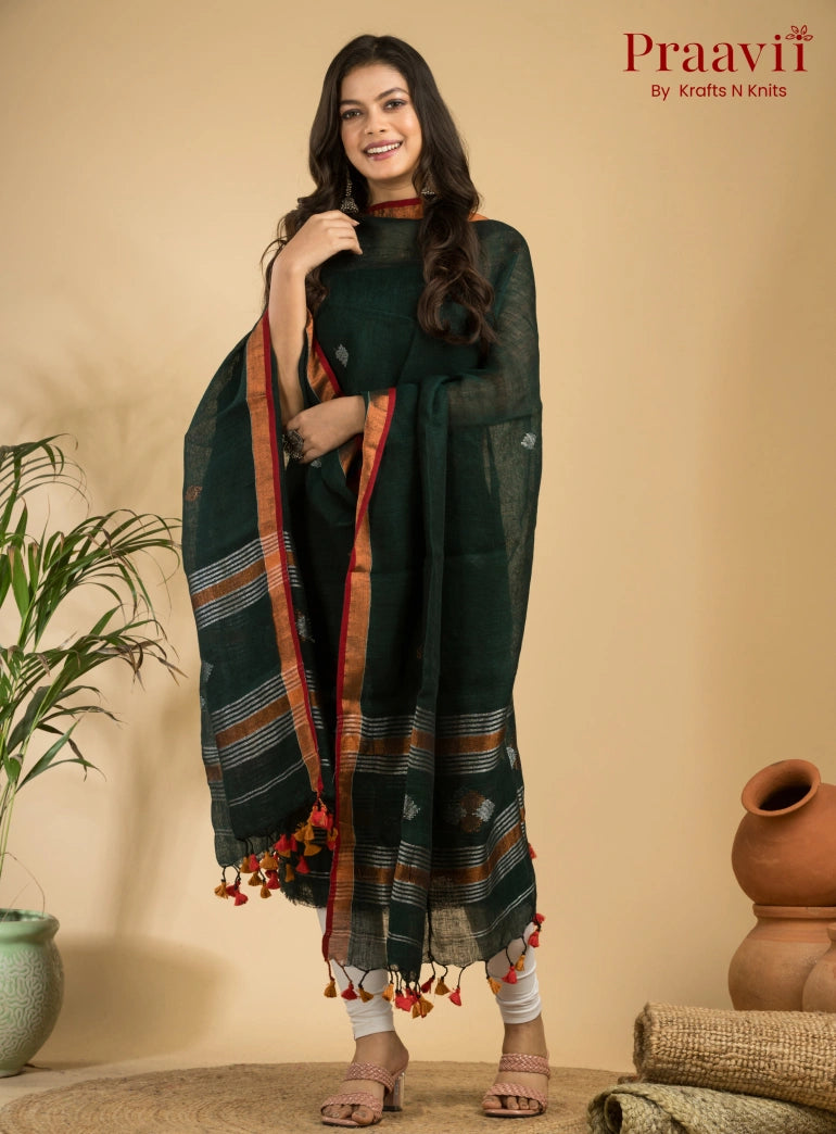 Dark Pine Green Handloom Jamdani Linen 2- Piece Suit Set