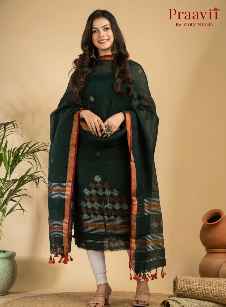 Dark Pine Green Handloom Jamdani Linen 2- Piece Suit Set