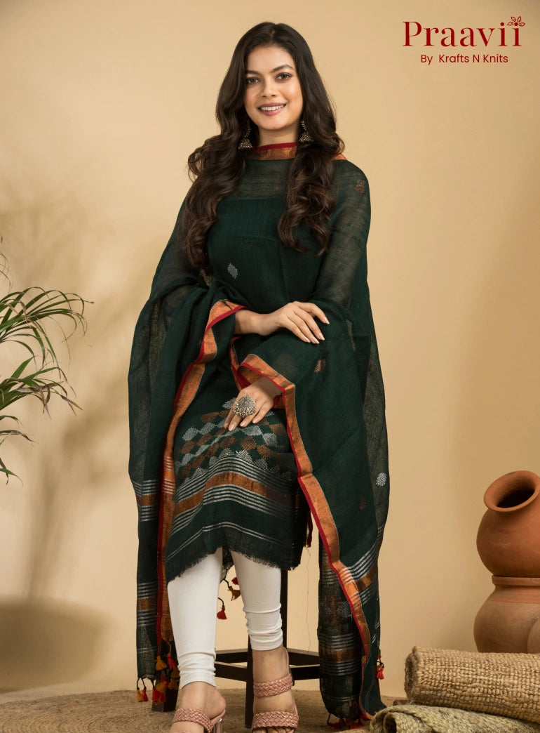 Dark Pine Green Handloom Jamdani Linen 2- Piece Suit Set