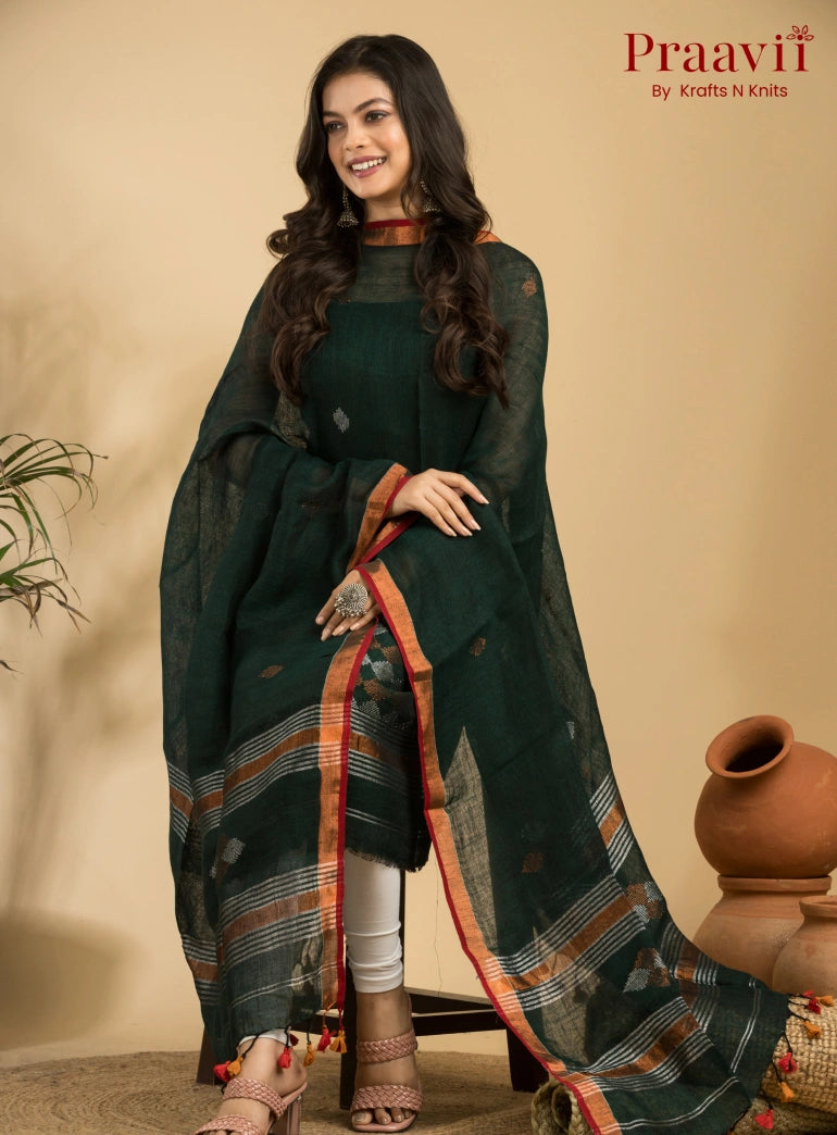 Dark Pine Green Handloom Jamdani Linen 2- Piece Suit Set