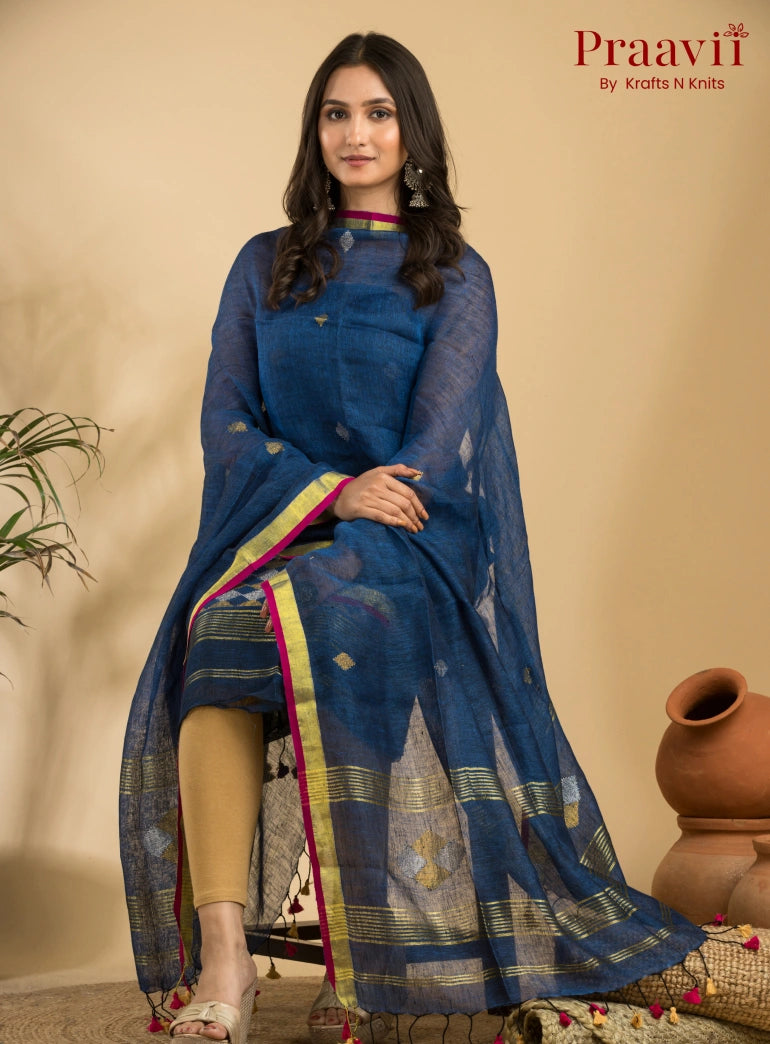 Royal Blue Green Handloom Jamdani Linen 2- Piece Suit Set