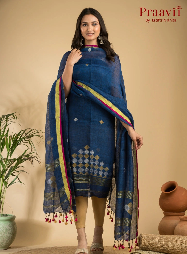 Royal Blue Green Handloom Jamdani Linen 2- Piece Suit Set