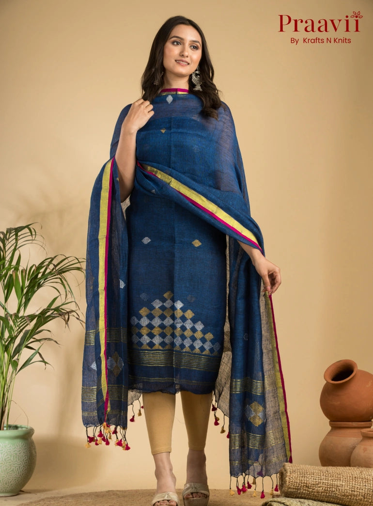 Royal Blue Green Handloom Jamdani Linen 2- Piece Suit Set