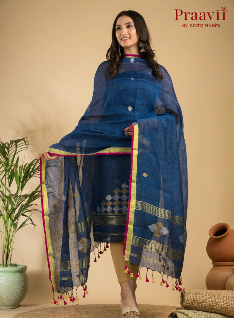 Royal Blue Green Handloom Jamdani Linen 2- Piece Suit Set