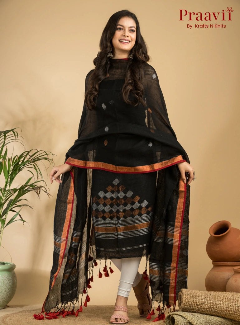 Ebony Black Green Handloom Jamdani Linen 2- Piece Suit Set