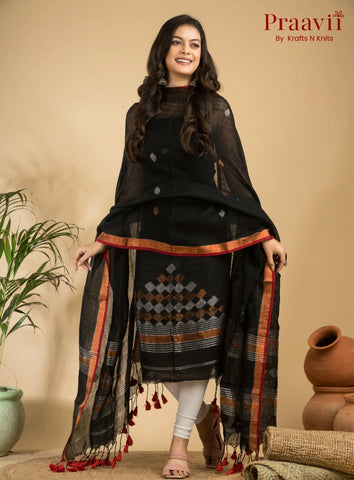 Ebony Black Green Handloom Jamdani Linen 2- Piece Suit Set
