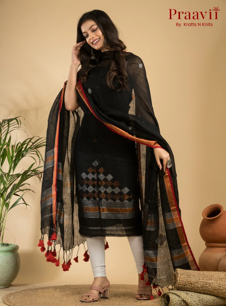 Ebony Black Green Handloom Jamdani Linen 2- Piece Suit Set