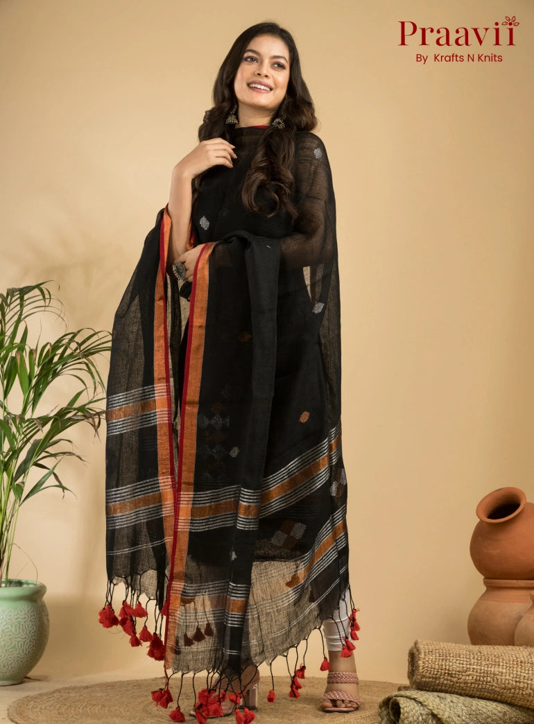 Ebony Black Green Handloom Jamdani Linen 2- Piece Suit Set