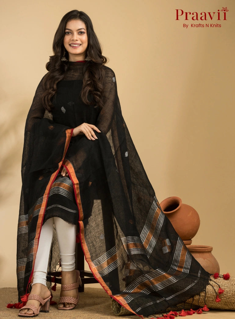 Ebony Black Green Handloom Jamdani Linen 2- Piece Suit Set