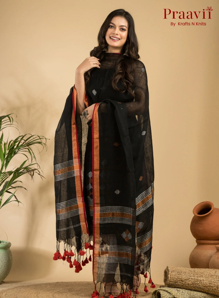 Ebony Black Green Handloom Jamdani Linen 2- Piece Suit Set