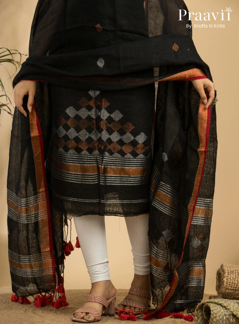 Ebony Black Green Handloom Jamdani Linen 2- Piece Suit Set