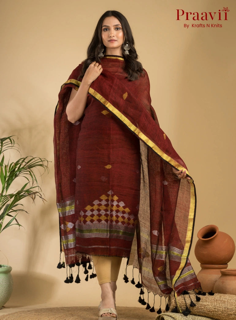 Mahogany Color Handloom Jamdani Linen 2- Piece Suit Set
