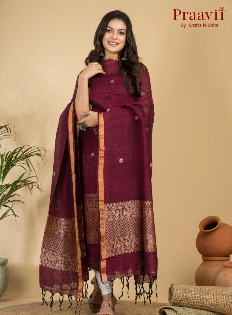 Burgundy Pure Linen Unstitched Jamdani 2-Piece Suit Set