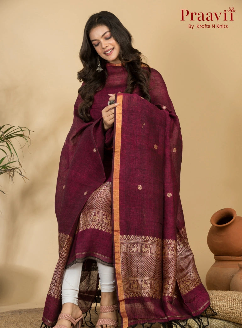Burgundy Pure Linen Unstitched Jamdani 2-Piece Suit Set
