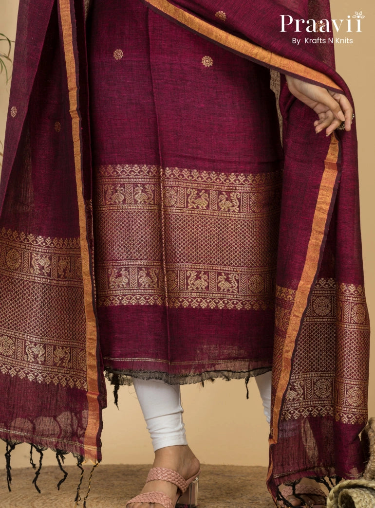 Burgundy Pure Linen Unstitched Jamdani 2-Piece Suit Set