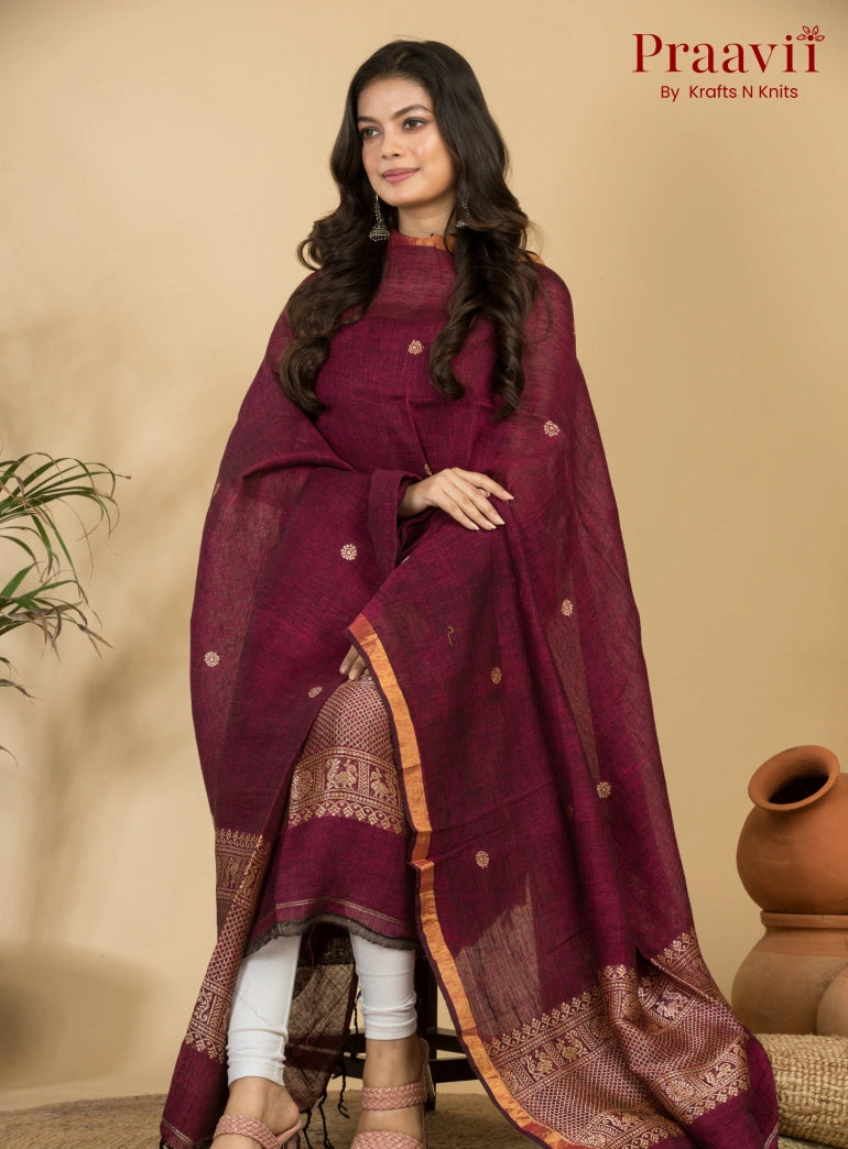 Burgundy Pure Linen Unstitched Jamdani 2-Piece Suit Set