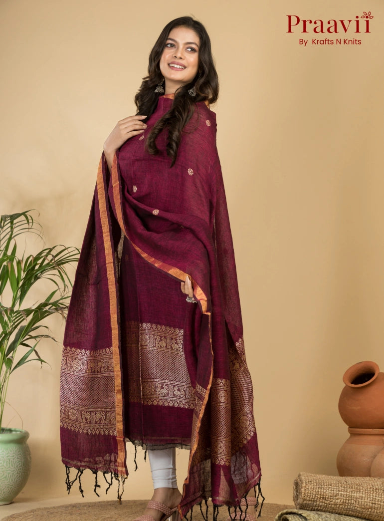 Burgundy Pure Linen Unstitched Jamdani 2-Piece Suit Set