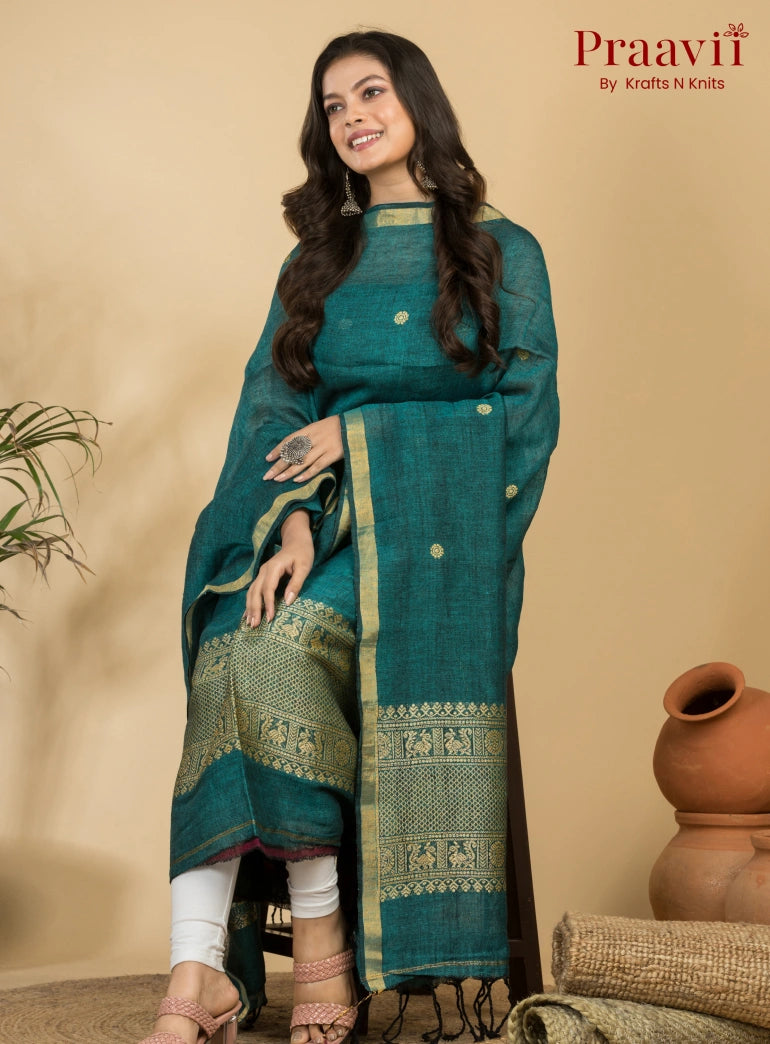Dark Cyan Pure Linen Unstitched Jamdani 2-Piece Suit Set