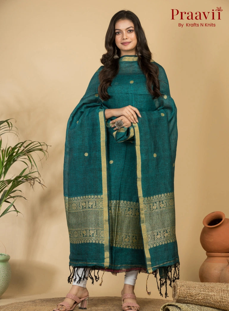 Dark Cyan Pure Linen Unstitched Jamdani 2-Piece Suit Set