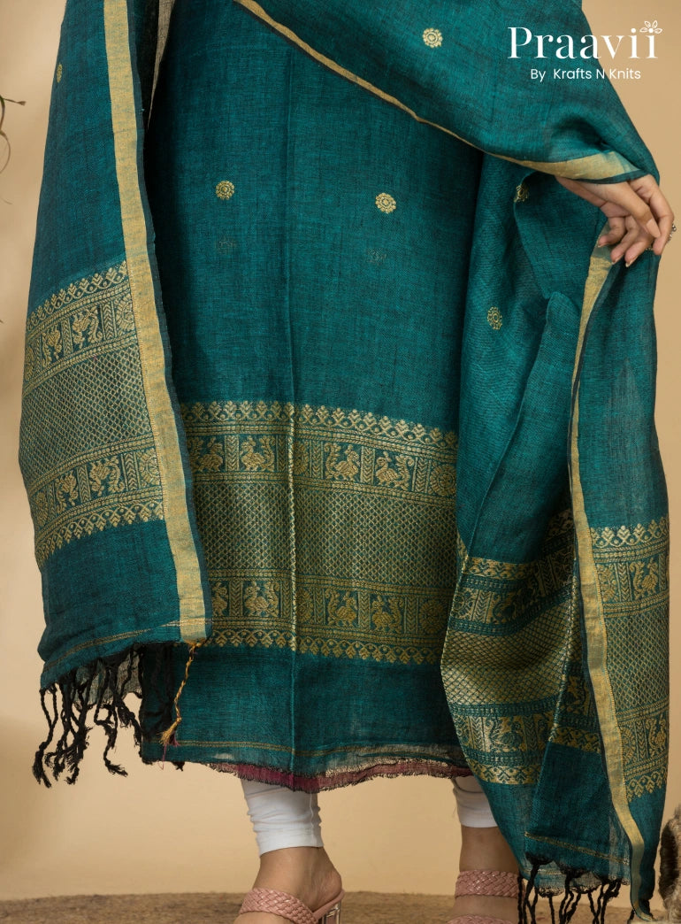 Dark Cyan Pure Linen Unstitched Jamdani 2-Piece Suit Set
