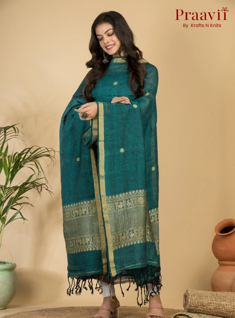 Dark Cyan Pure Linen Unstitched Jamdani 2-Piece Suit Set