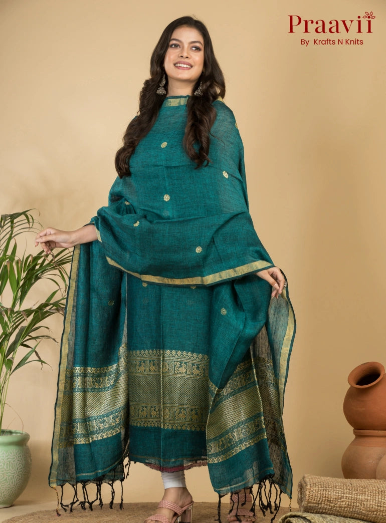 Dark Cyan Pure Linen Unstitched Jamdani 2-Piece Suit Set