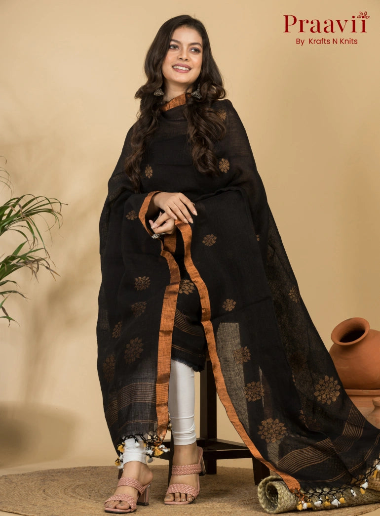 Classic Jet Black Pure Cotton Unstitched Jamdani 2-Piece Suit Set