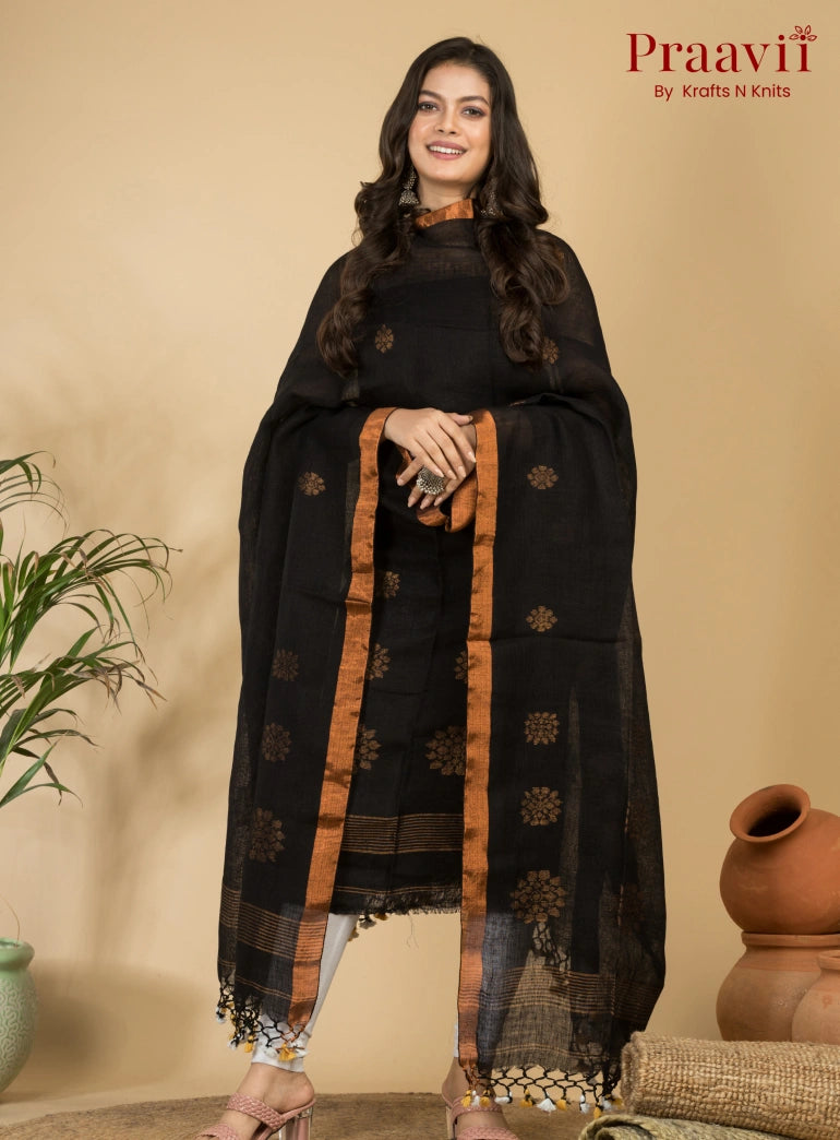 Classic Jet Black Pure Cotton Unstitched Jamdani 2-Piece Suit Set