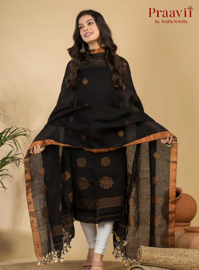 Classic Jet Black Pure Cotton Unstitched Jamdani 2-Piece Suit Set