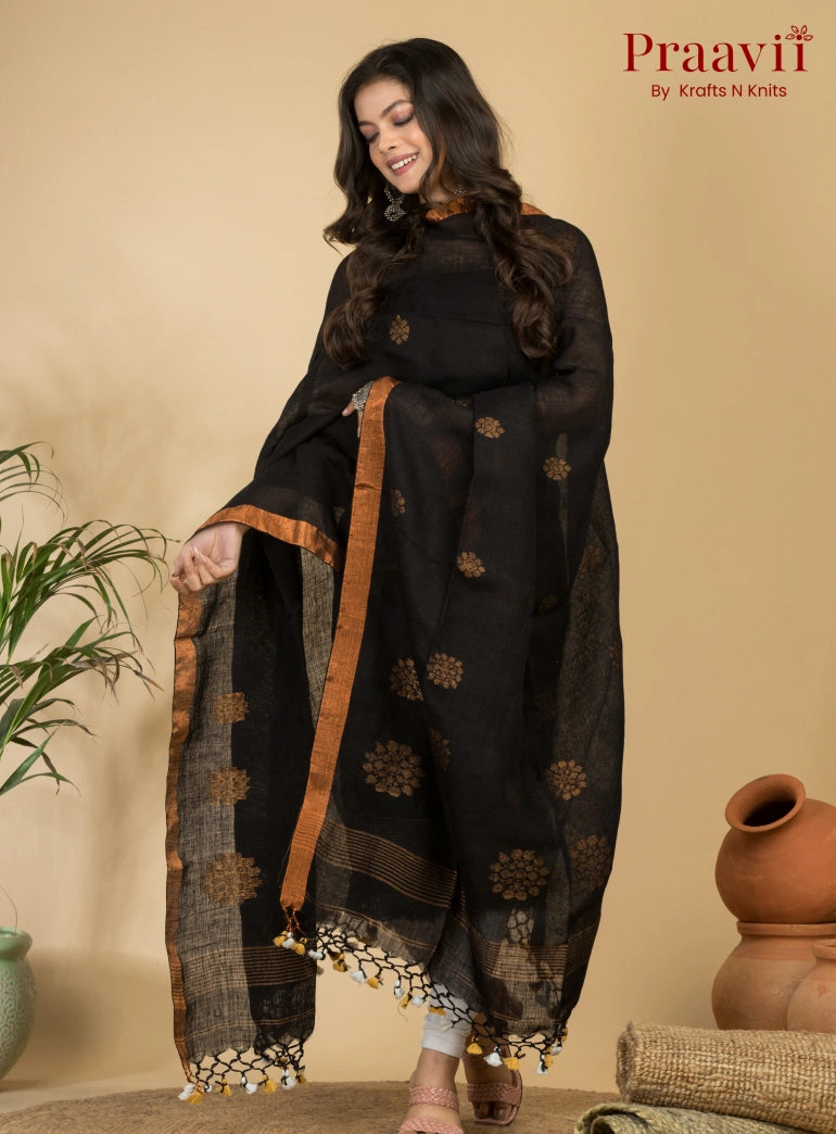 Classic Jet Black Pure Cotton Unstitched Jamdani 2-Piece Suit Set