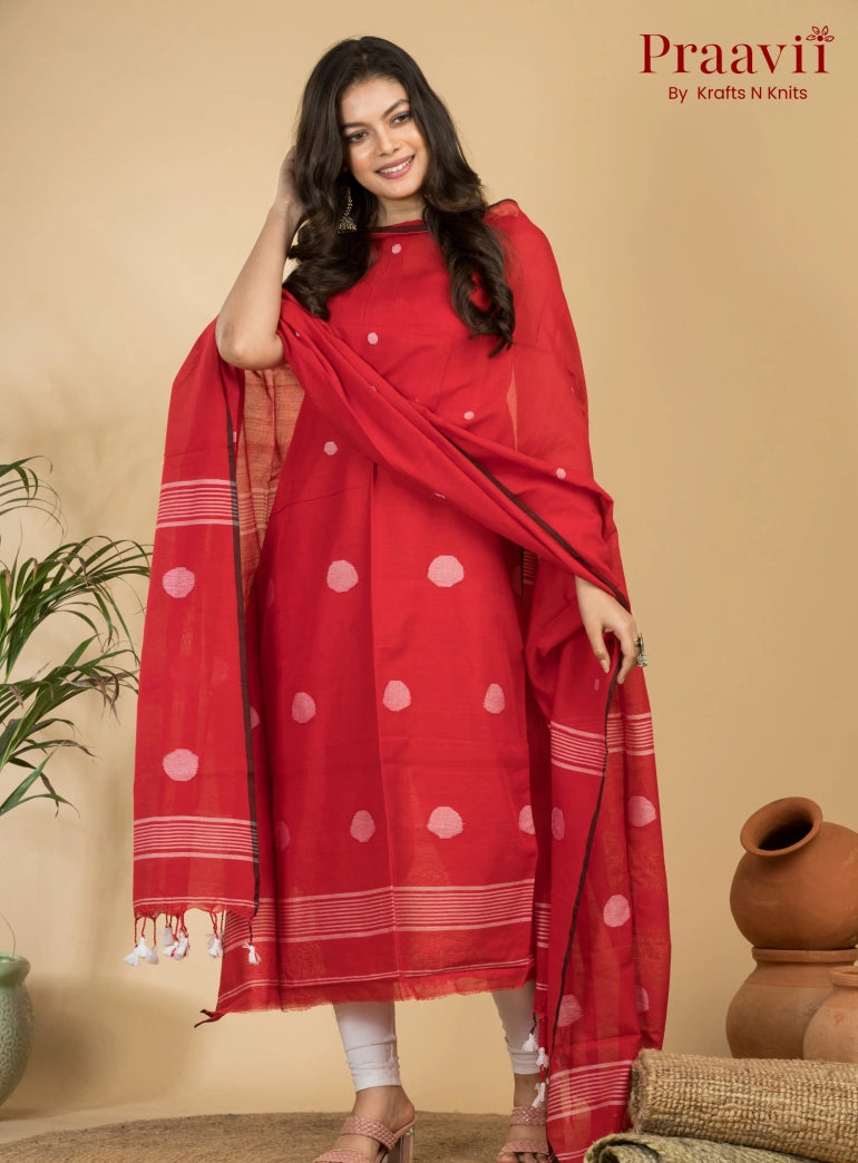 Crimson Red Pure Cotton Unstitched Jamdani 2-Piece Suit Set
