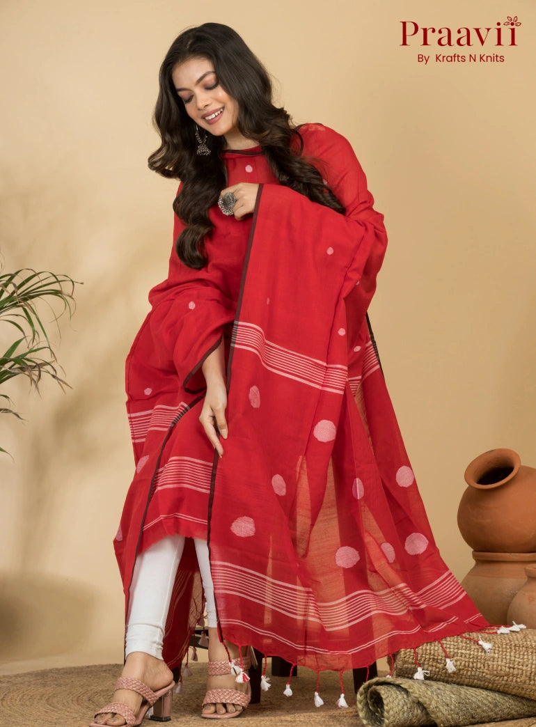 Crimson Red Pure Cotton Unstitched Jamdani 2-Piece Suit Set