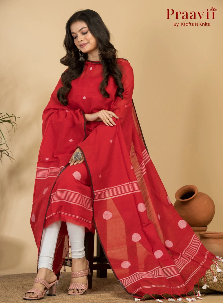 Crimson Red Pure Cotton Unstitched Jamdani 2-Piece Suit Set