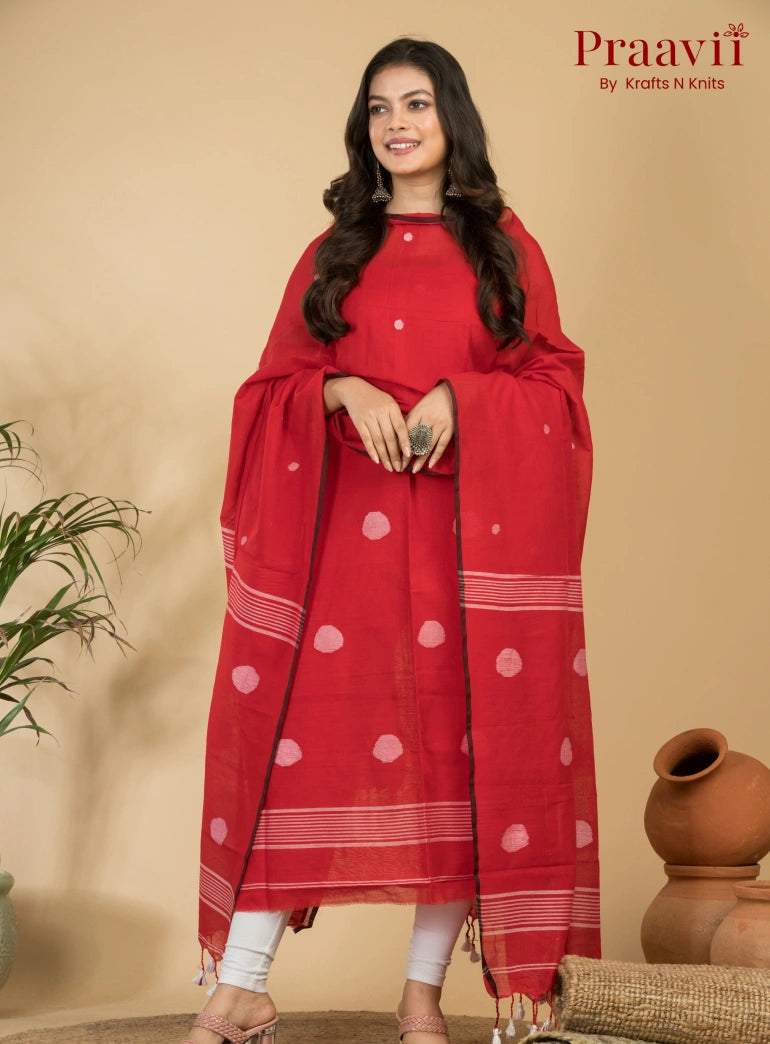 Crimson Red Pure Cotton Unstitched Jamdani 2-Piece Suit Set