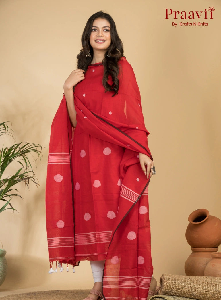 Crimson Red Pure Cotton Unstitched Jamdani 2-Piece Suit Set