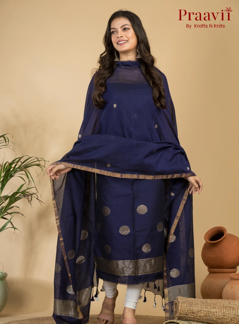Royal Navy Blue Pure Cotton Unstitched Jamdani 2-Piece Suit Set