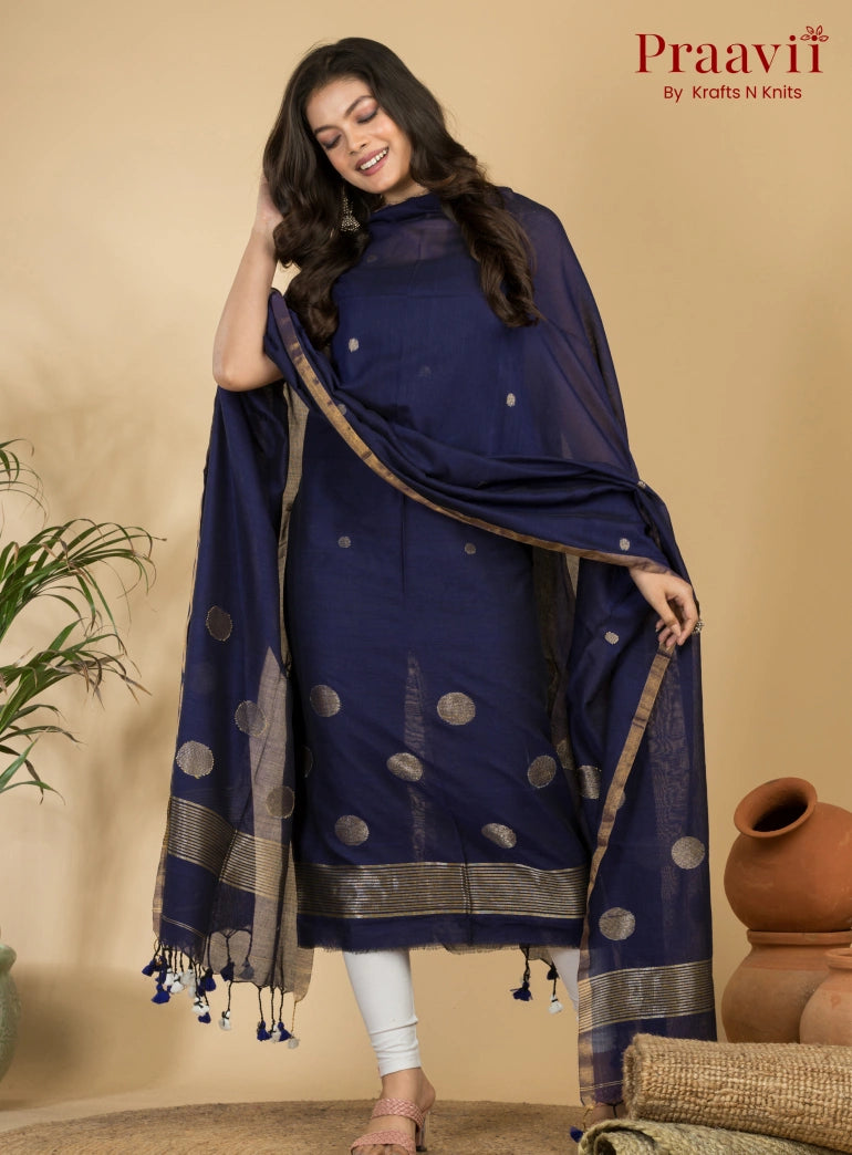 Royal Navy Blue Pure Cotton Unstitched Jamdani 2-Piece Suit Set