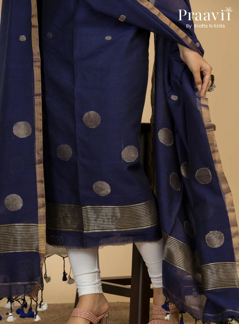 Royal Navy Blue Pure Cotton Unstitched Jamdani 2-Piece Suit Set