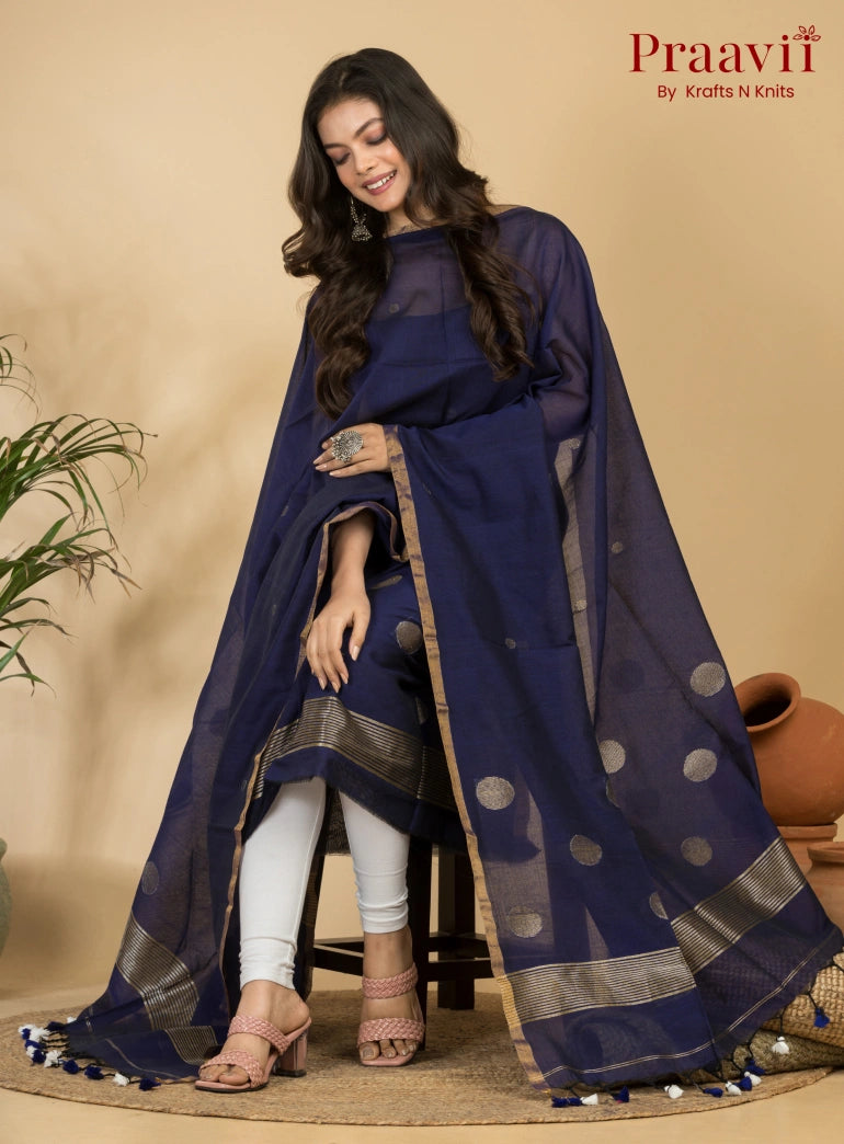 Royal Navy Blue Pure Cotton Unstitched Jamdani 2-Piece Suit Set