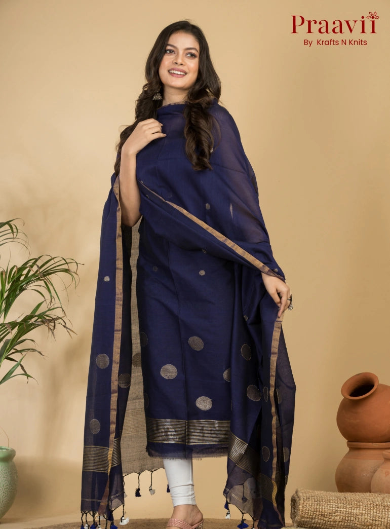 Royal Navy Blue Pure Cotton Unstitched Jamdani 2-Piece Suit Set