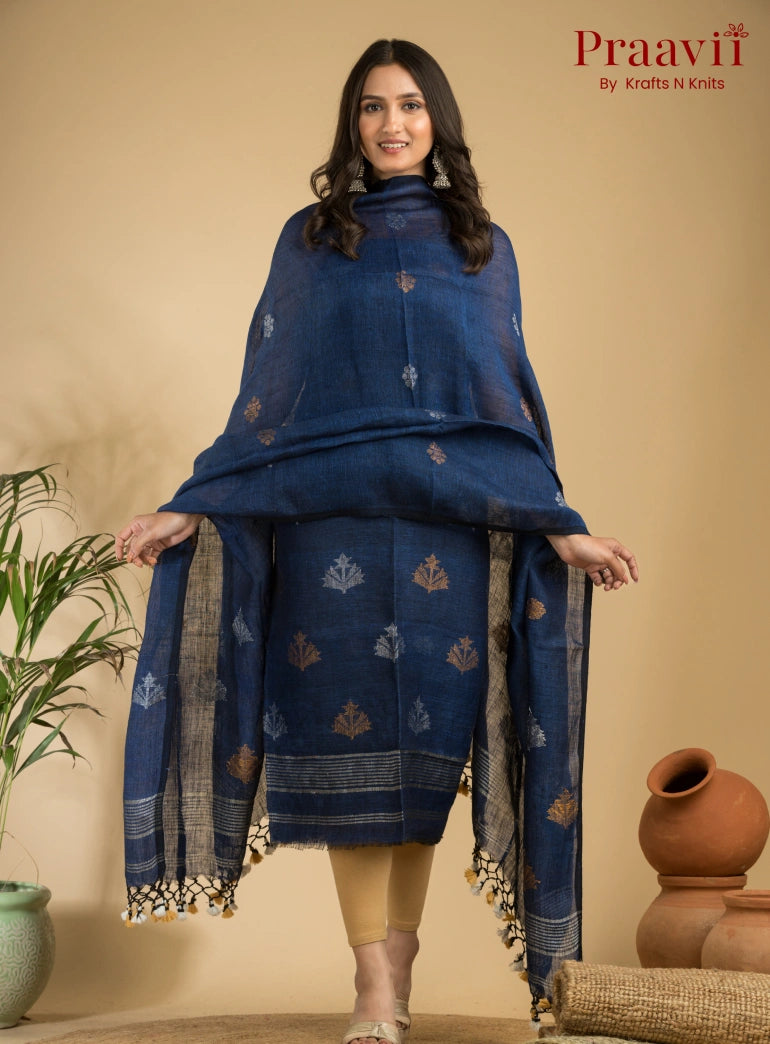 Indigo Blue Pure Linen Unstitched Jamdani Suit 2-Piece Set